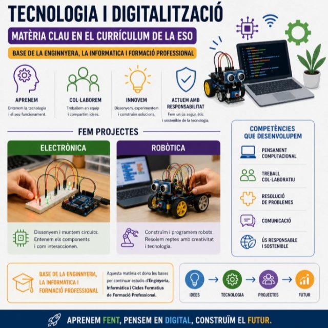 🚀 Tecnologia i Digitalització: una matèria clau en el currículum de l’ESO!

💡 Aprenem fent projectes reals d’electrònica i robòtica.
🤖 Desenvolupem pensament computacional, creativitat i treball en equip.
🔧 Base de l’enginyeria, la informàtica i la formació professional.
🌍 Preparem l’alumnat per al futur digital amb responsabilitat i innovació.

📚 Aprenem, creem i construïm el futur!

#Tecnologia #Digitalització #ESO #Robòtica #Electrònica #Innovació #PensamentComputacional #Educació #STEM #FormacióProfessional #Enginyeria #Informàtica #Projectes #AprenentatgeActiu