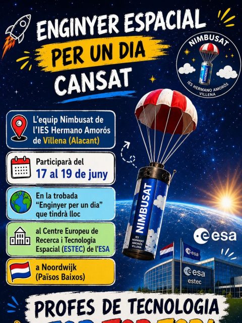 🚀✨ El equipo Nimbusat del IES Hermano Amorós de Villena representará a España del 17 al 19 de junio en el encuentro “Enginyer espacial per un dia” en el centre ESTEC de la ESA a Noordwijk (Països Baixos).

Orgull màxim del treball, esforç i il·lusió del nostre alumnat i del professorat de Tecnologia… TOP TOP TOP! 🌍🛰️💙

#upv#Cansat #ESA #TecnologiaTOP #villena